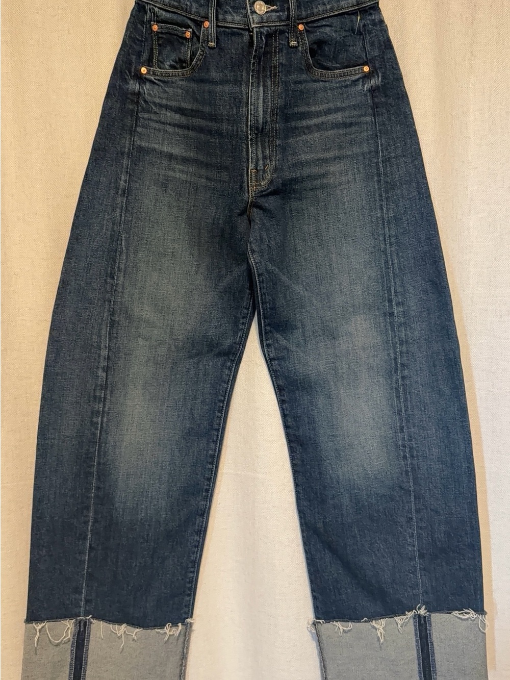 MOTHER Men’s Dark Blue Relaxed Wide-Leg Jeans with Raw Hem